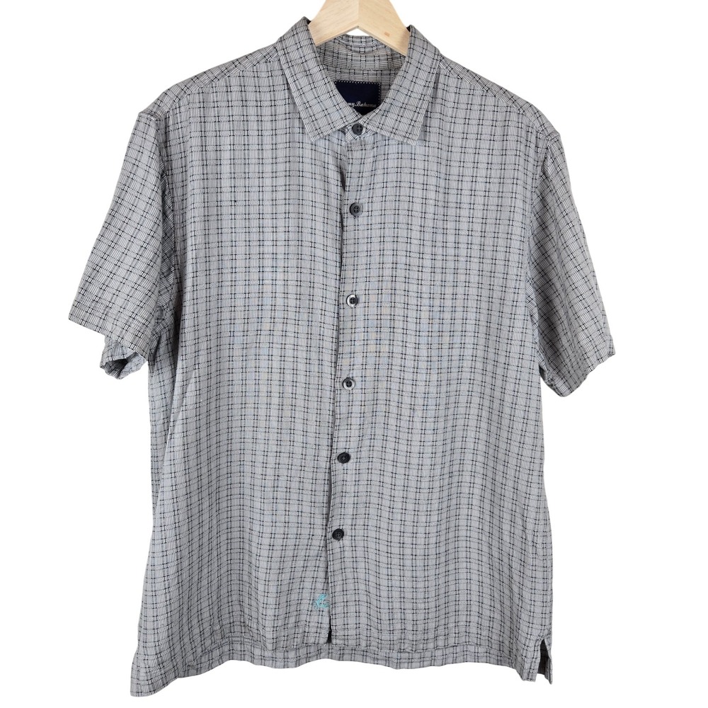 Tommy Bahama Shirt Mens Medium Textured Silk Short Sleeve Button Up Plaid Preppy